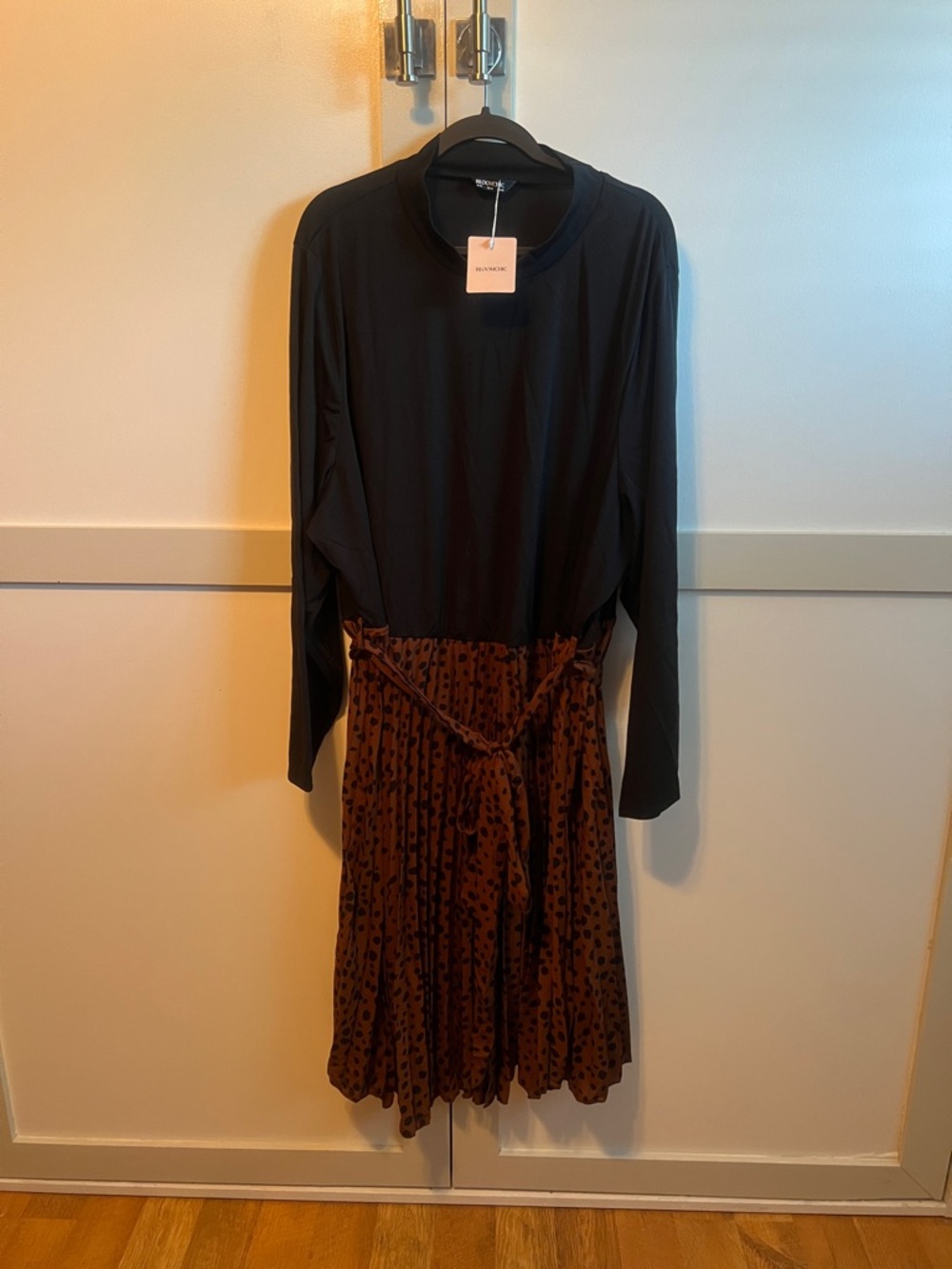 BloomChic Black Top with Brown Polka-Dot Pleated Skirt Dress